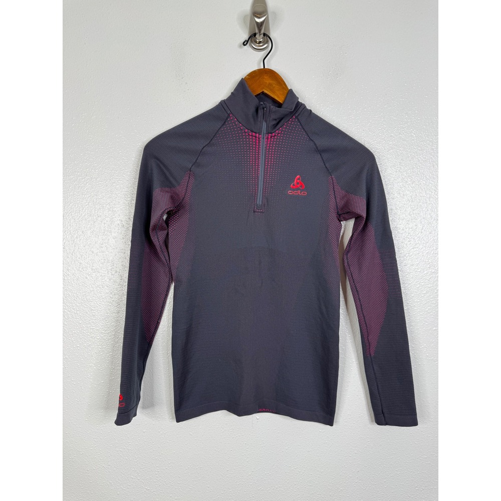 Odlo Womens Small Grey Pink Dot Base Layer 1/4 Zip Long Sleeve Athletic Top